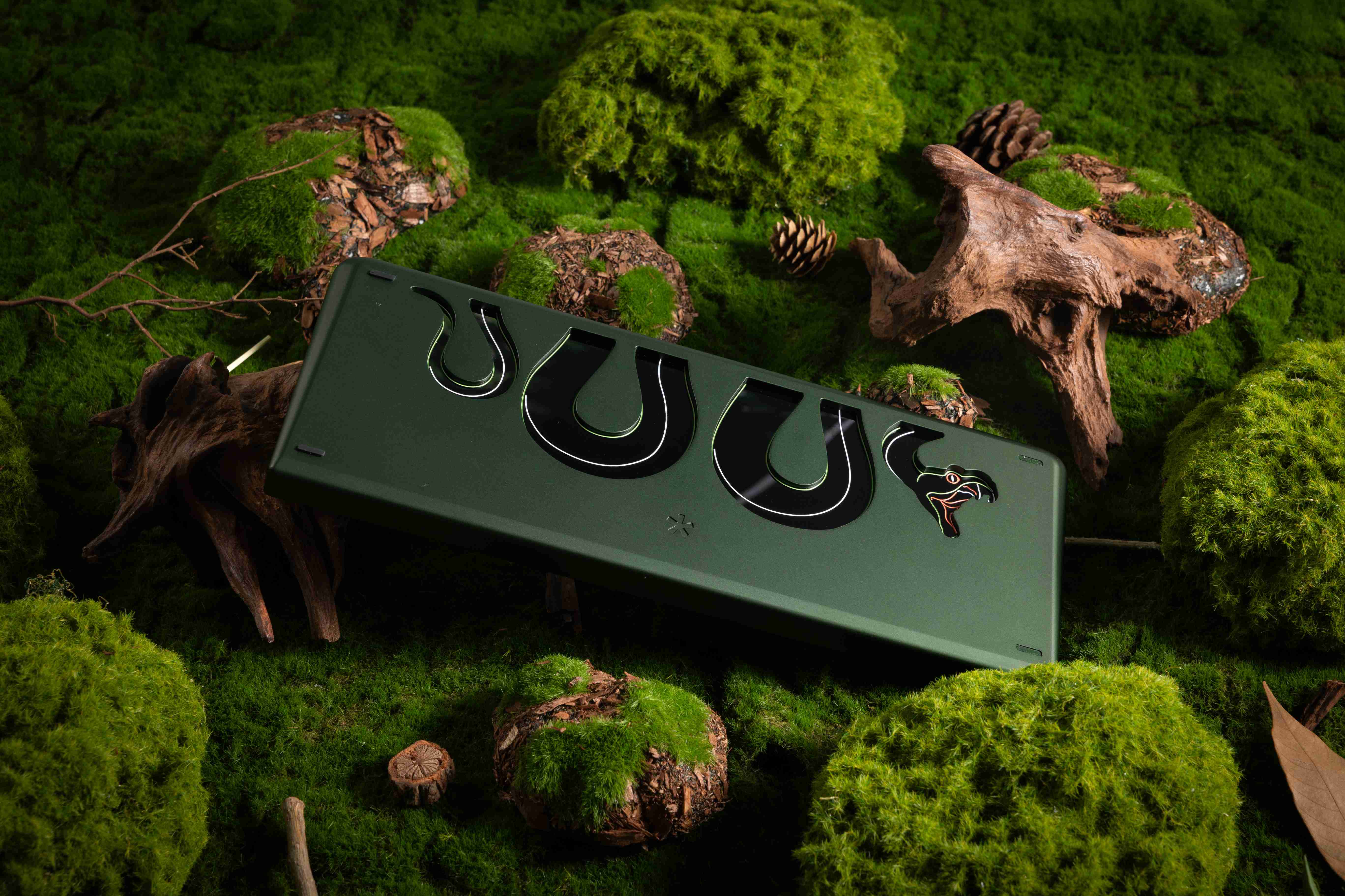 A green rectangular object with horseshoe designs on a mossy background.