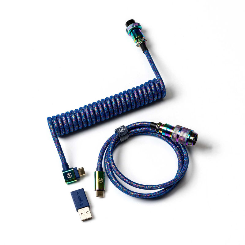 Keychron Premium Coiled Aviator Cable - Color:Rainbow Plated Blue - Connector:Angled