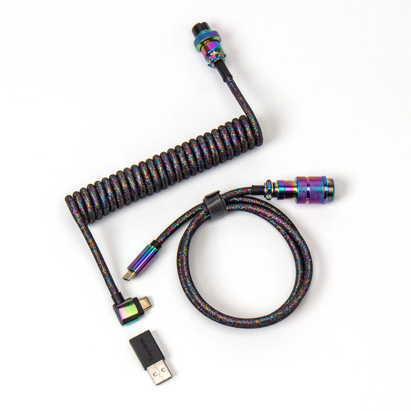 Keychron Premium Coiled Aviator Cable - Color:Rainbow Plated Black - Connector:Angled
