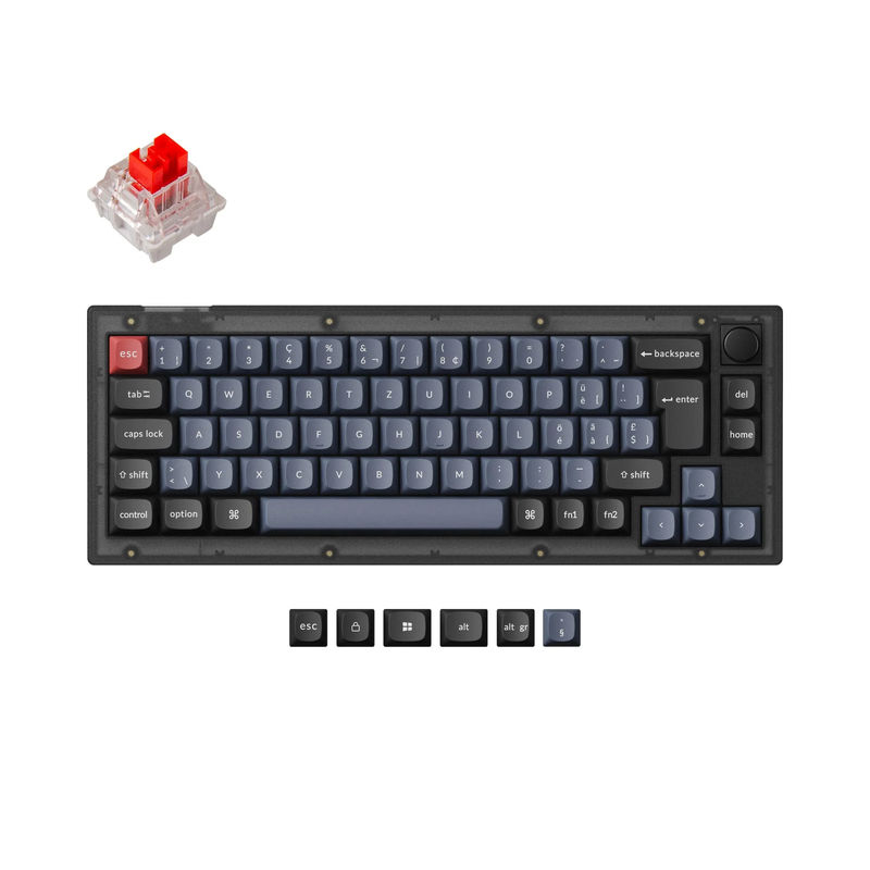 Keychron V2 QMK Custom Mechanical Keyboard ISO Layout Collection - Type:Fully Assembled Knob (Frosted Black)-PBT Keycaps - Layout Version:Swiss-ISO - Switches:Keychron K Pro Red