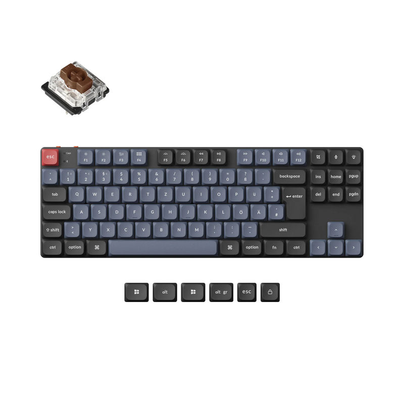 Keychron K1 Pro QMK/VIA Wireless Custom Mechanical Keyboard ISO Layout Collection - Version:RGB Backlight (Hot-Swappble)-PBT Keycaps - Layout Version:DE-ISO - Switch Option:Low Profile Gateron Mechanical Brown