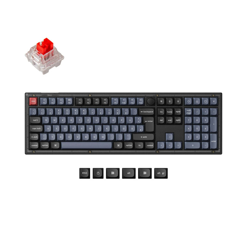 Keychron V6 QMK Custom Mechanical Keyboard ISO Layout Collection - Type:Fully Assembled Knob (Frosted Black)-PBT Keycaps - Layout Version:DE-ISO - Switches:Keychron K Pro Red