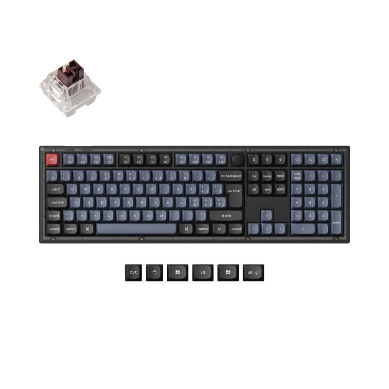 Keychron V6 QMK Custom Mechanical Keyboard ISO Layout Collection - Type:Fully Assembled Knob (Frosted Black)-PBT Keycaps - Layout Version:Swiss-ISO - Switches:Keychron K Pro Brown
