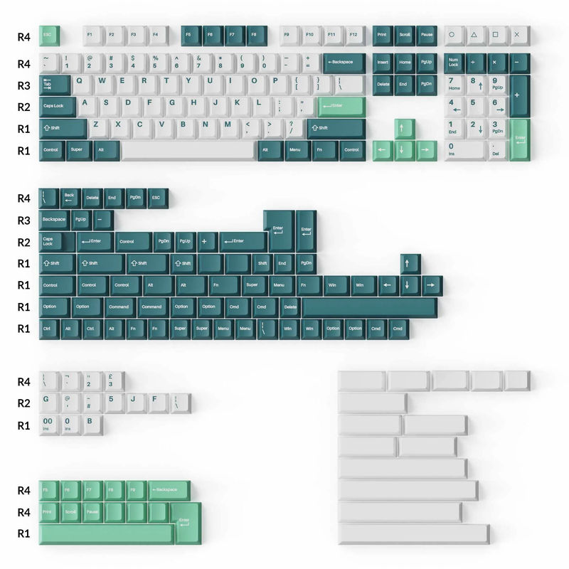 Cherry Profile Double - Shot PBT Full Set Keycaps - White Mint - Version:Full Set (219 keys)-Version B - Colorways:White and Mint
