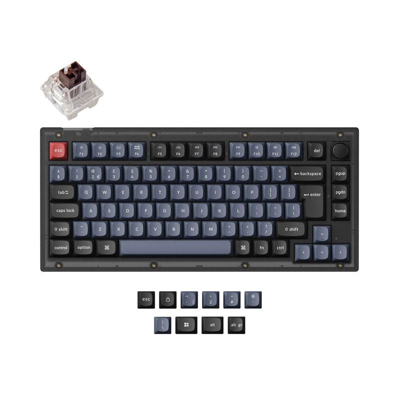 Keychron V1 QMK Custom Mechanical Keyboard ISO Layout Collection - Type:Fully Assembled Knob (Frosted Black)-PBT Keycaps - Layout Version:UK-ISO - Switches:Keychron K Pro Brown