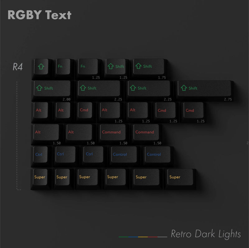 KBDFans PBTFans Retro Dark Lights RGBY Text Kit 31 Key Cherry Profile Double Shot PBT Add-on Keycap Set