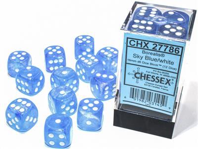 Chessex Borealis 16mm d6 Sky Blue / White Luminary Dice Block (12 dice)