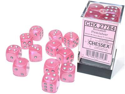 Chessex Borealis 16mm d6 Pink / Silver Luminary Dice Block (12 dice)