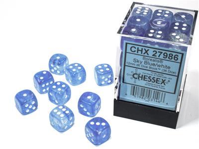 Chessex Borealis 12mm d6 Sky Blue / White Luminary Dice Block (36 dice)