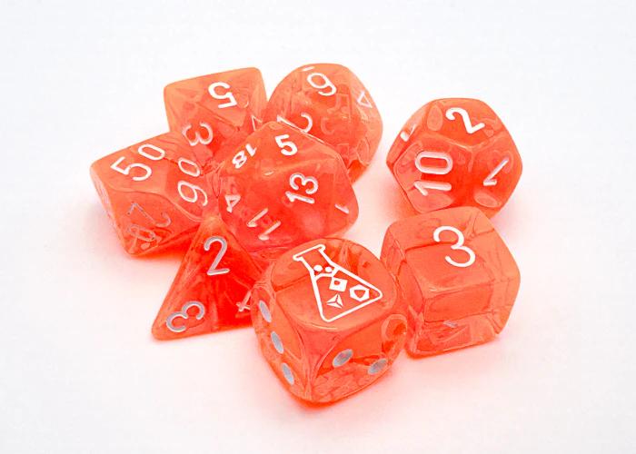 Chessex Translucent Neon Orange / White 7 Die Set with Bonus Die