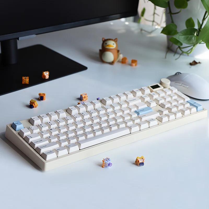 Keydous NJ98 Pink Mechanical Keyboard - Version:Khaki - Switch:Blueberry Ice Cream Pro - Plate:Brass